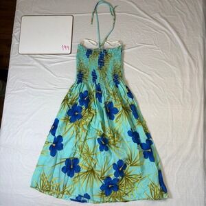 J in J Hawaii Tropical Hibiscus Smocked‎ Halter Dress Blue Rayon Style 702 OS